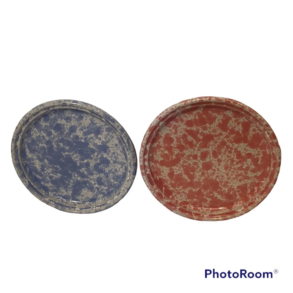 Vintage Bennington Pottery Agate Blue & Pink Glazed Stoneware/Spongeware Plates